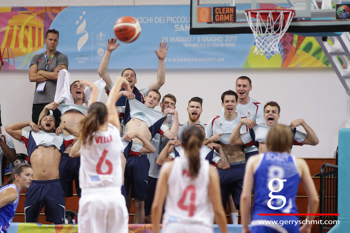 Players of Luxembourg Basket Team try to disturb Malta women during Freethrow